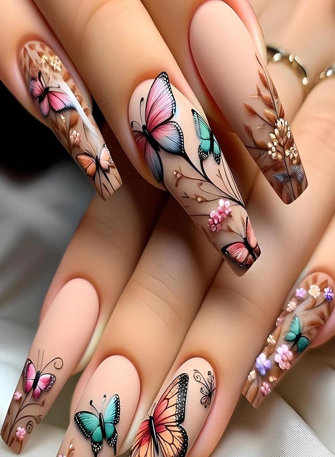 MERVF أظافر ميرف الطويلة اللاصقة بتصميم فراشة وزهرة ملونة، أظافر أكريليك صناعية بتصميم باليرينا، أطراف فرنسية غير لامعة، 24 قطعة - Image 1